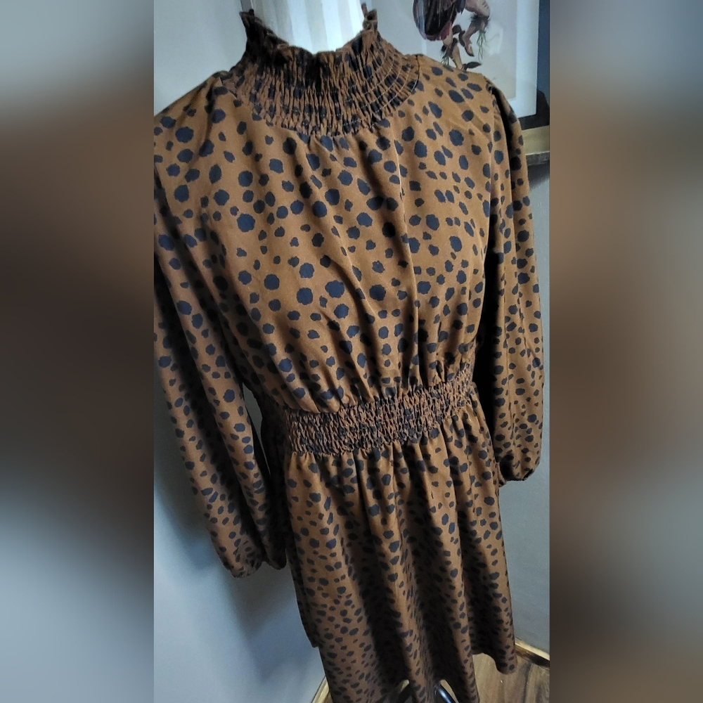 Womens Size 1XL Animal Print Dress Brown Black Elastic Western Boho Bougie Shein